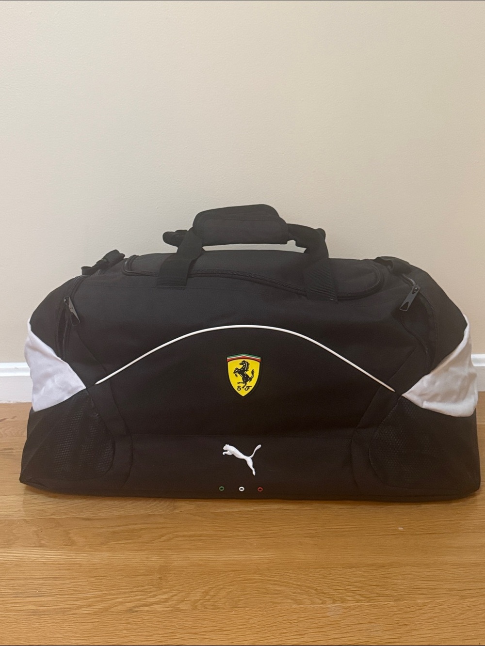 Ferrari Black Duffel Bag with Yellow Shield Accent